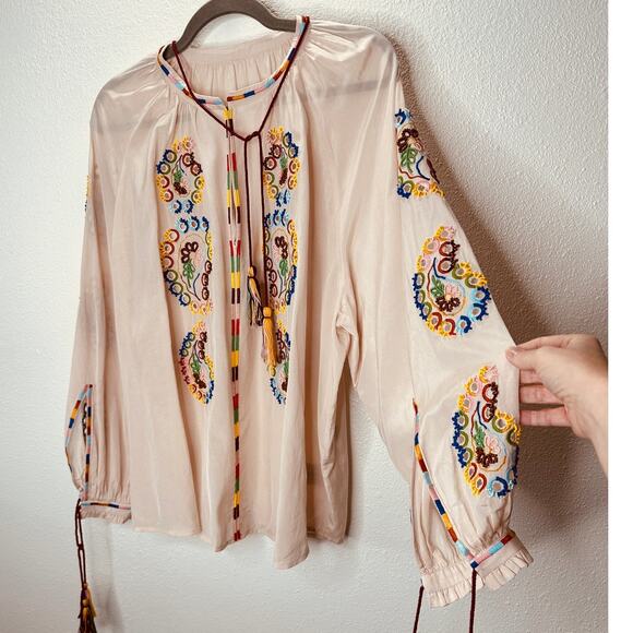 Fortela Ghodsi Tan Multicolor Beade Embroider Print Peasant Blouse 40 - Picture 5 of 16